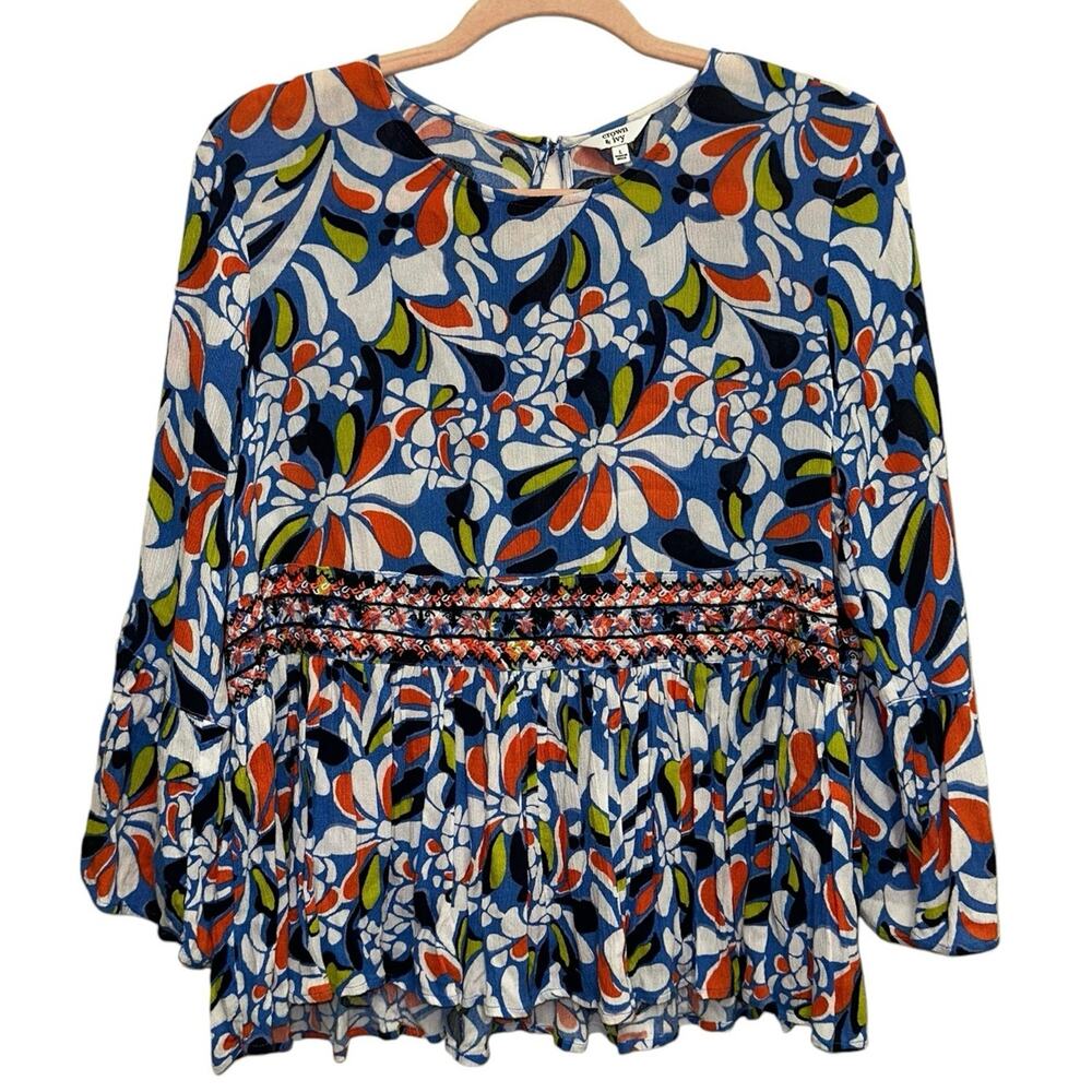 Crown & Ivy Floral Boho Peplum Blouse Blue Bell Sleeve Large